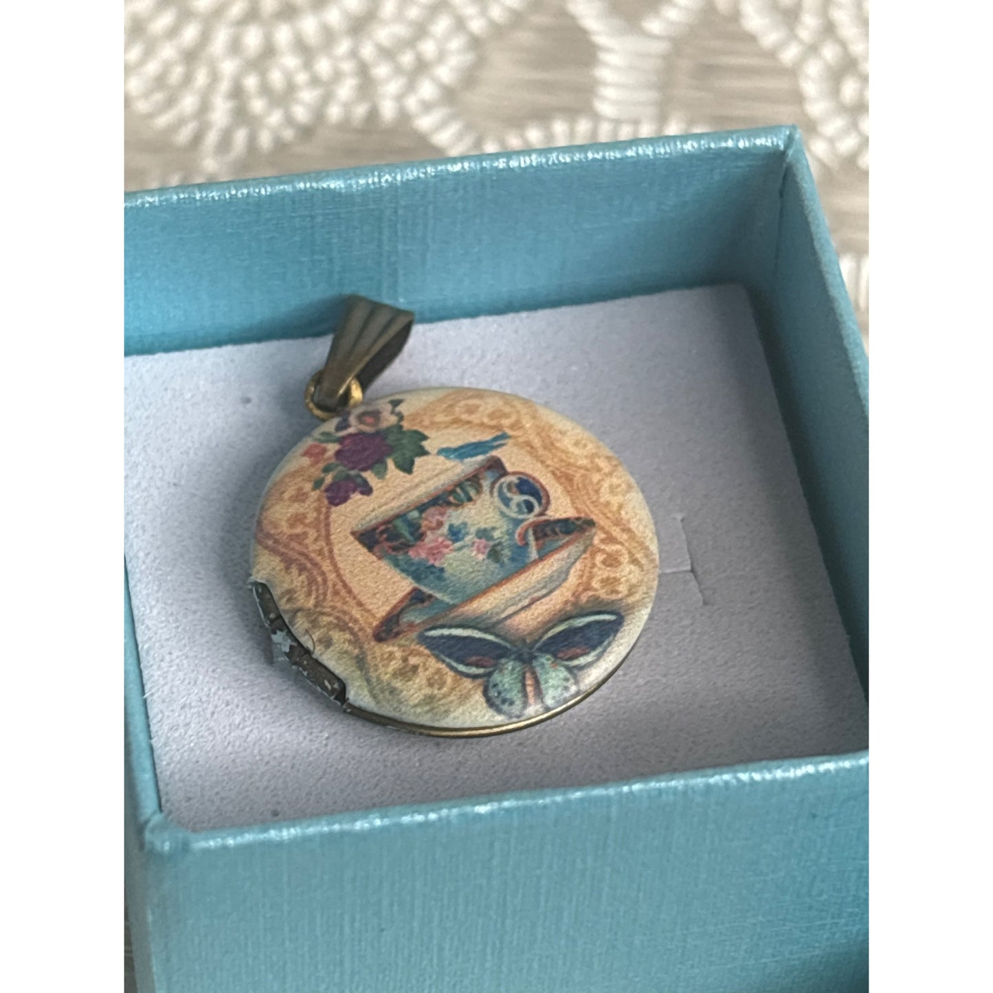 Vintage Photo Locket:  Brass Round Tea Cup Bluebird Butterfly Cozy Handpainted