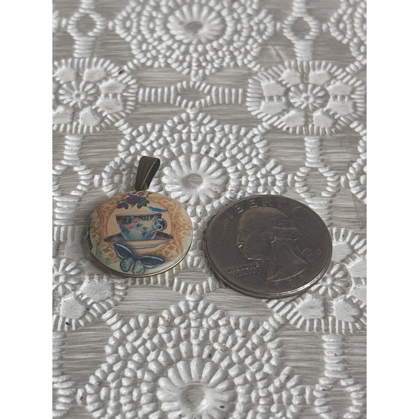 Vintage Photo Locket:  Brass Round Tea Cup Bluebird Butterfly Cozy Handpainted