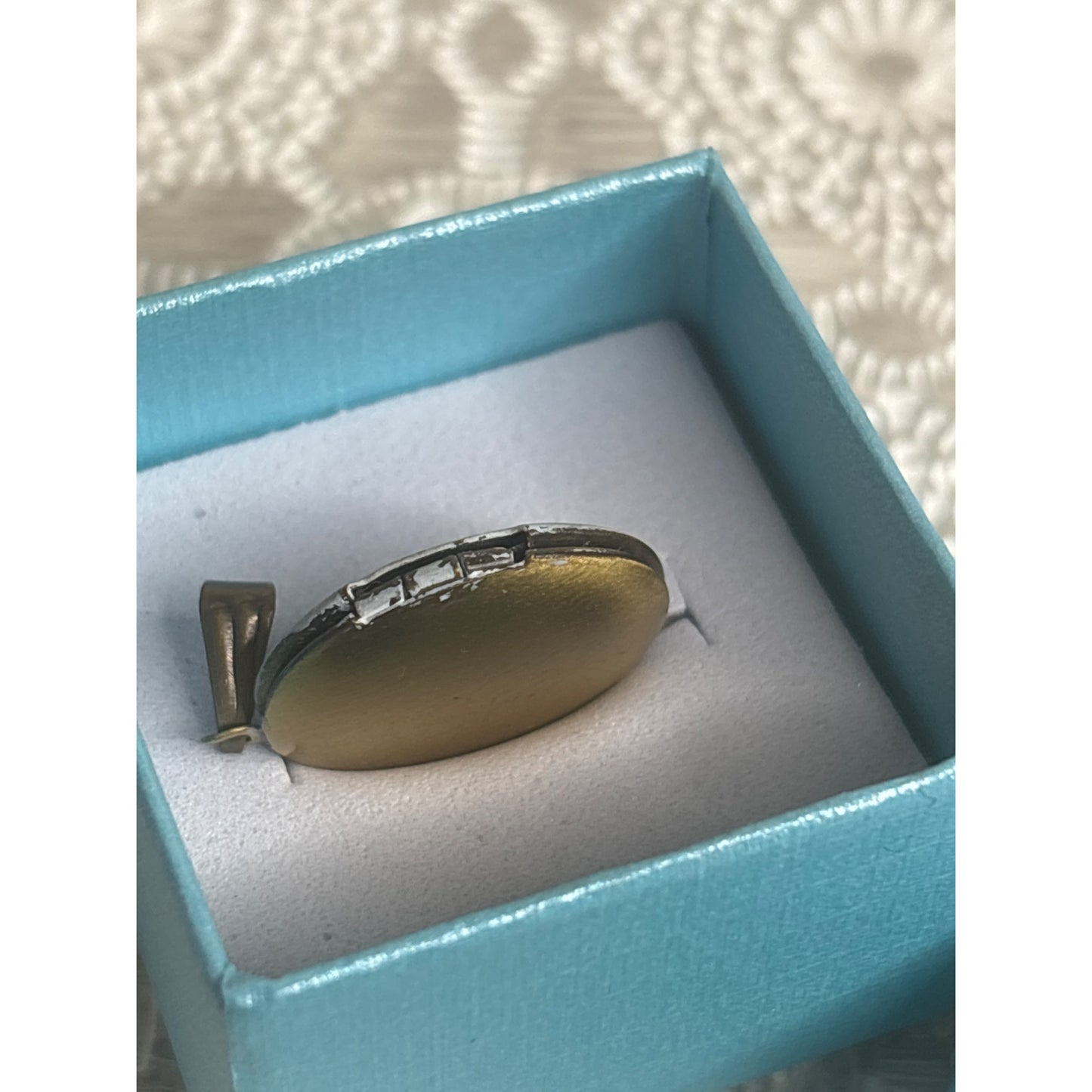 Vintage Photo Locket:  Brass Round Tea Cup Bluebird Butterfly Cozy Handpainted