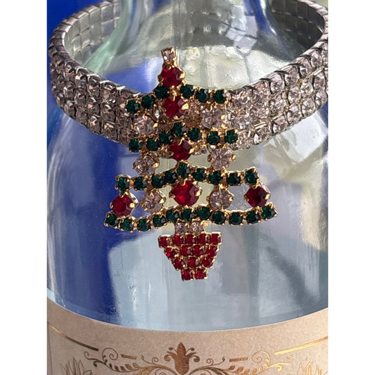 Vintage Rhinestone Christmas Tree Wine Bottle Jewelry With Silver Stretch Band