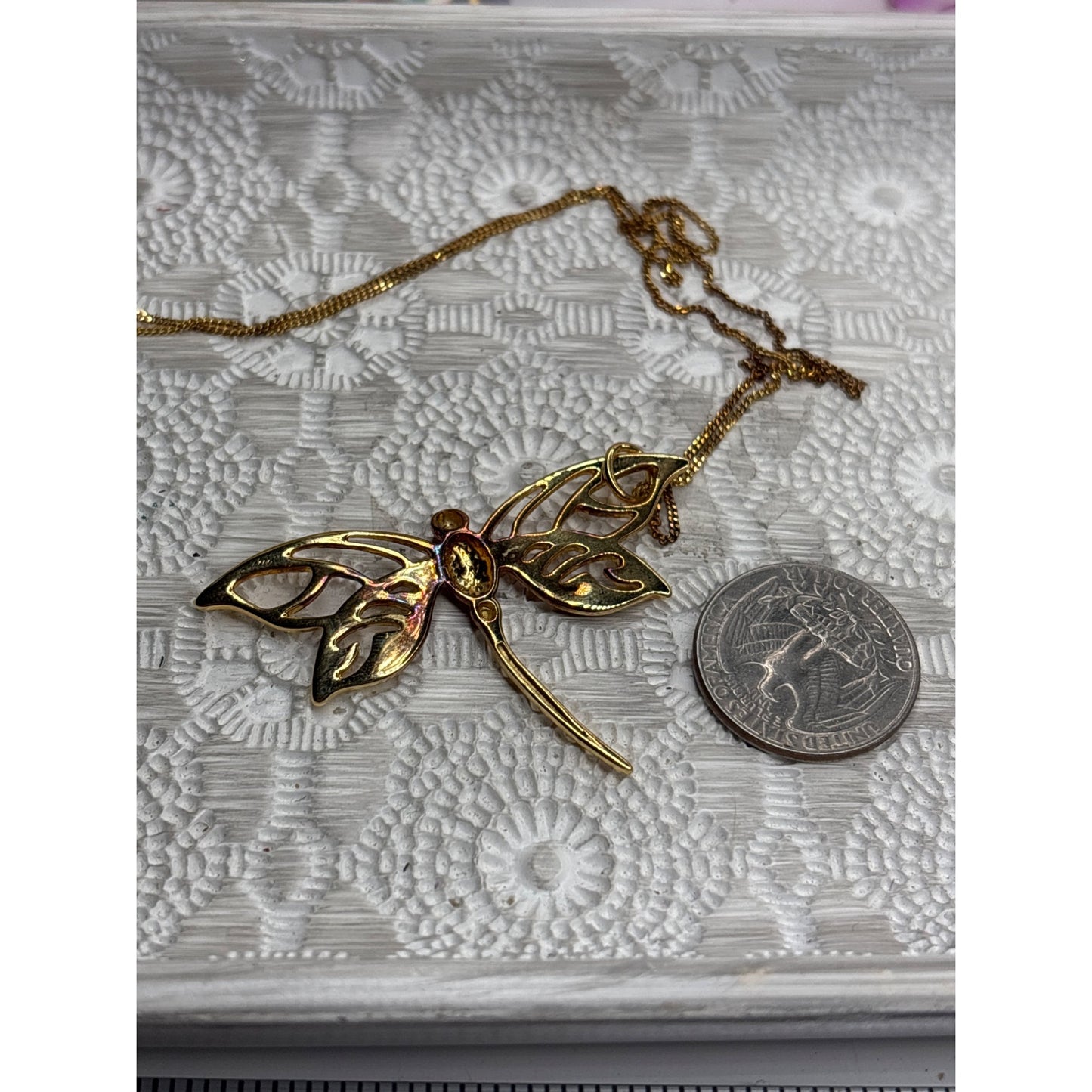 Gold-Tone Sterling Silver Dragonfly Pendant Necklace Vintage 925 ITALY