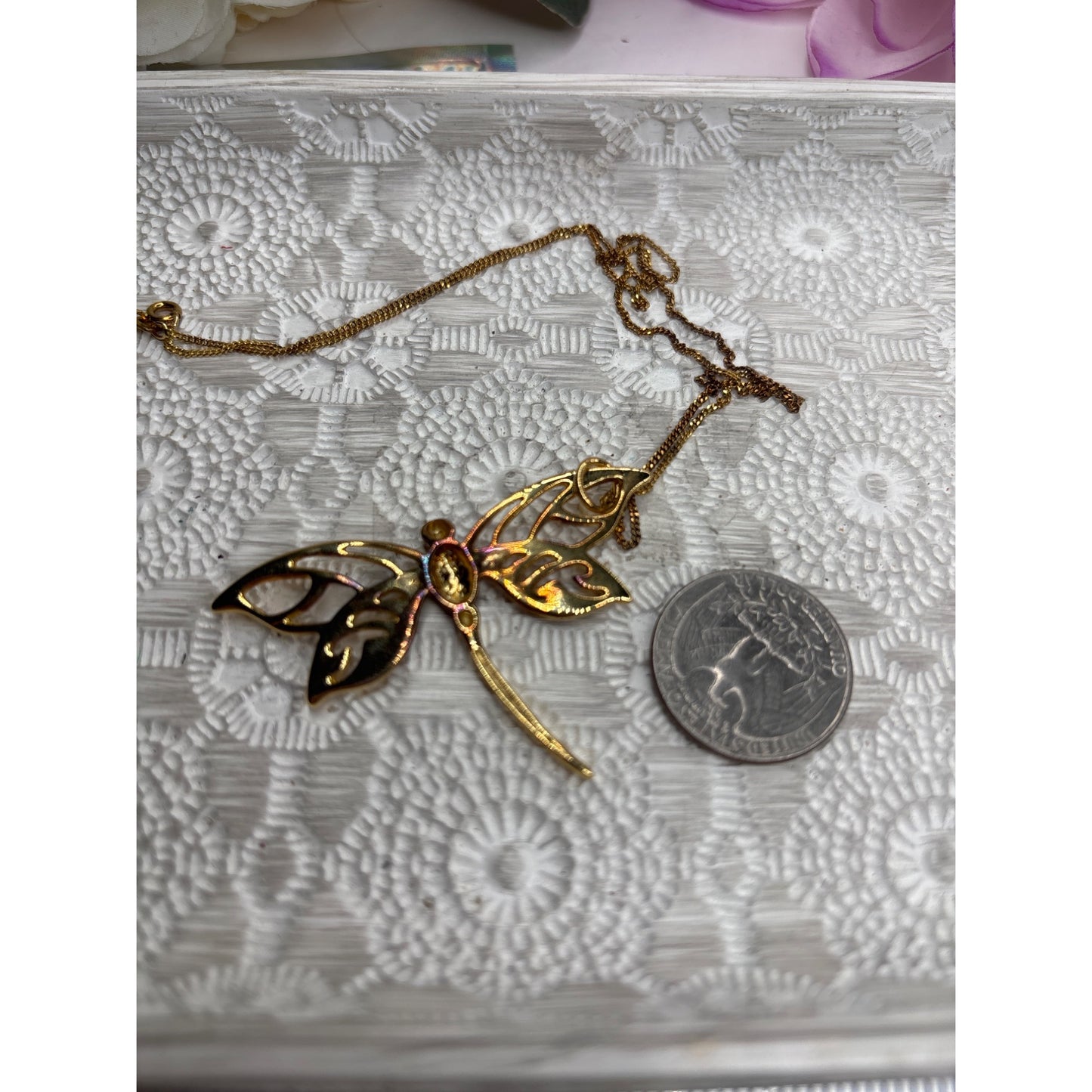 Gold-Tone Sterling Silver Dragonfly Pendant Necklace Vintage 925 ITALY
