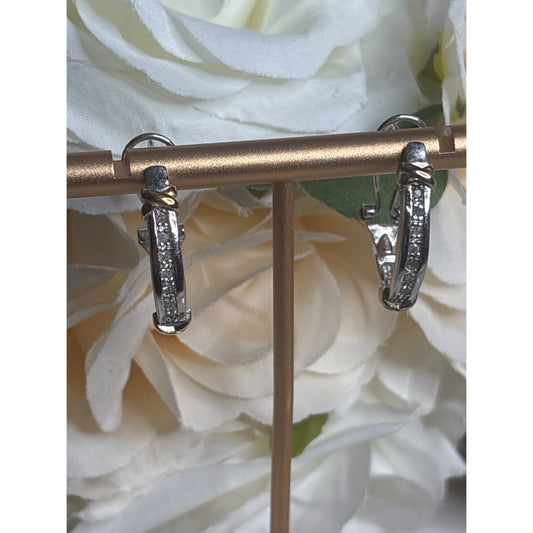 Sterling Silver Hoop Earrings With Gold Accents & Diamond Detailing Vintage Style