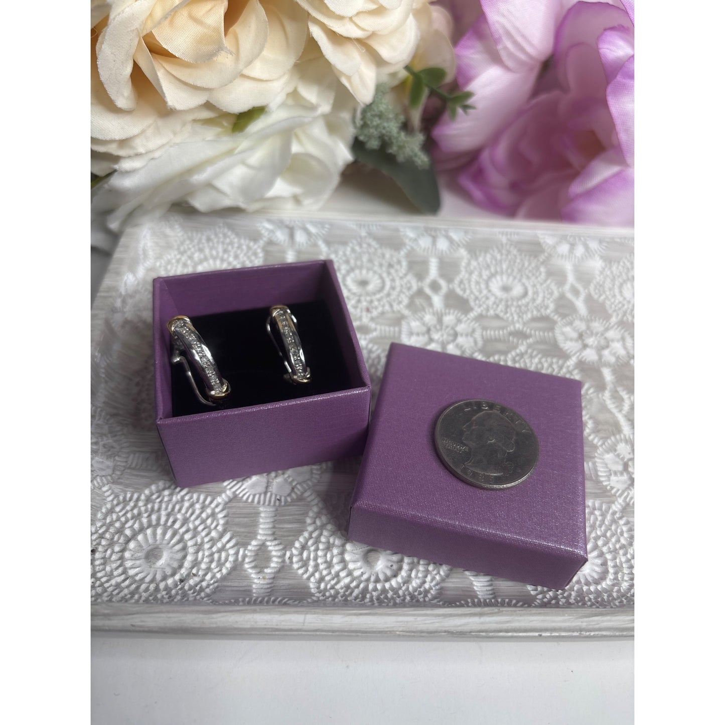 Sterling Silver Hoop Earrings With Gold Accents & Diamond Detailing Vintage Style