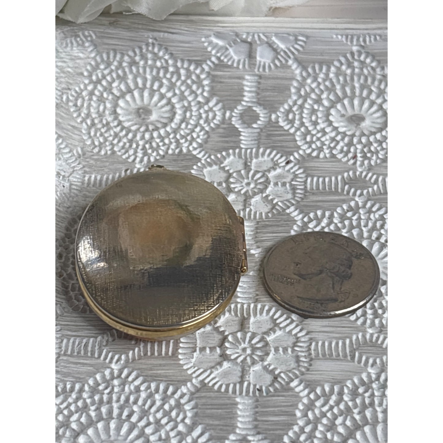 Vintage Gold Tone Oval Locket With Painted Scene Of Couple & Umbrella Hinged Design Holds Two Photos