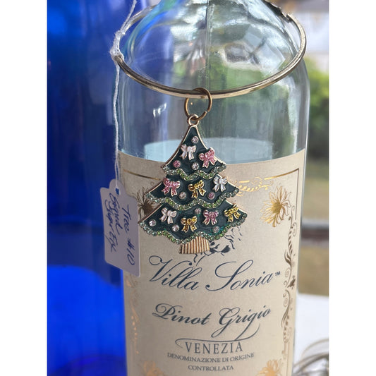 Wine Bottle Charm Bracelet With Christmas Tree Pendant - Gold & Green Accents For Festive Decor