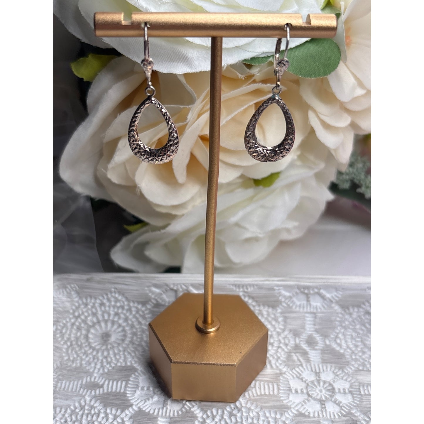 Sterling 925 Textured Teardrop Dangle Earrings With Leverback Closure