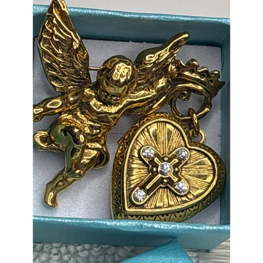 Vintage Locket: Vatican Library Gold Cherub Brooch Heart Locket & Rhinestones