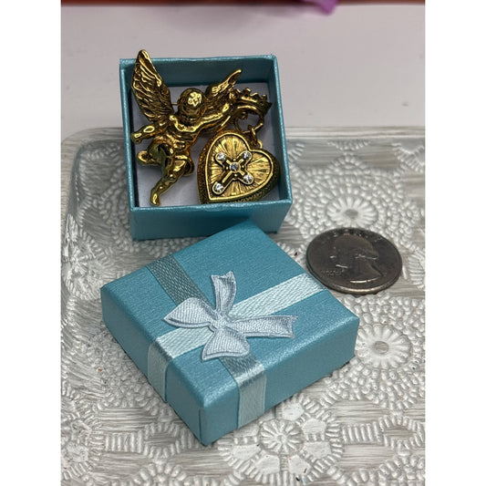 Vintage Locket: Vatican Library Gold Cherub Brooch Heart Locket & Rhinestones