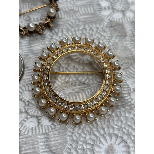 Vintage Gold & Faux Pearl Brooch Set ART
