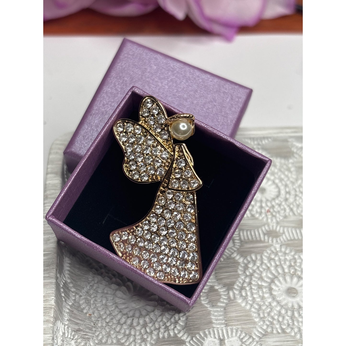 Anne Klein Gold-Tone Rhinestone Angel Pin Brooch With Pearl Accent