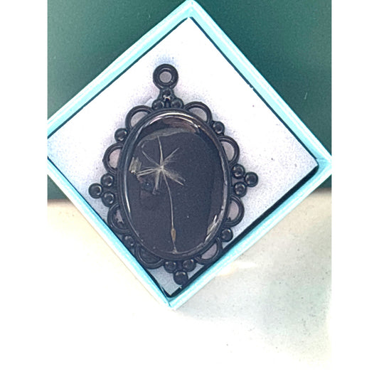 Make a Wish: Handmade Dandelion Seed Pendant Black Filigree Frame Mourning Jewelry Bridal Bouquet