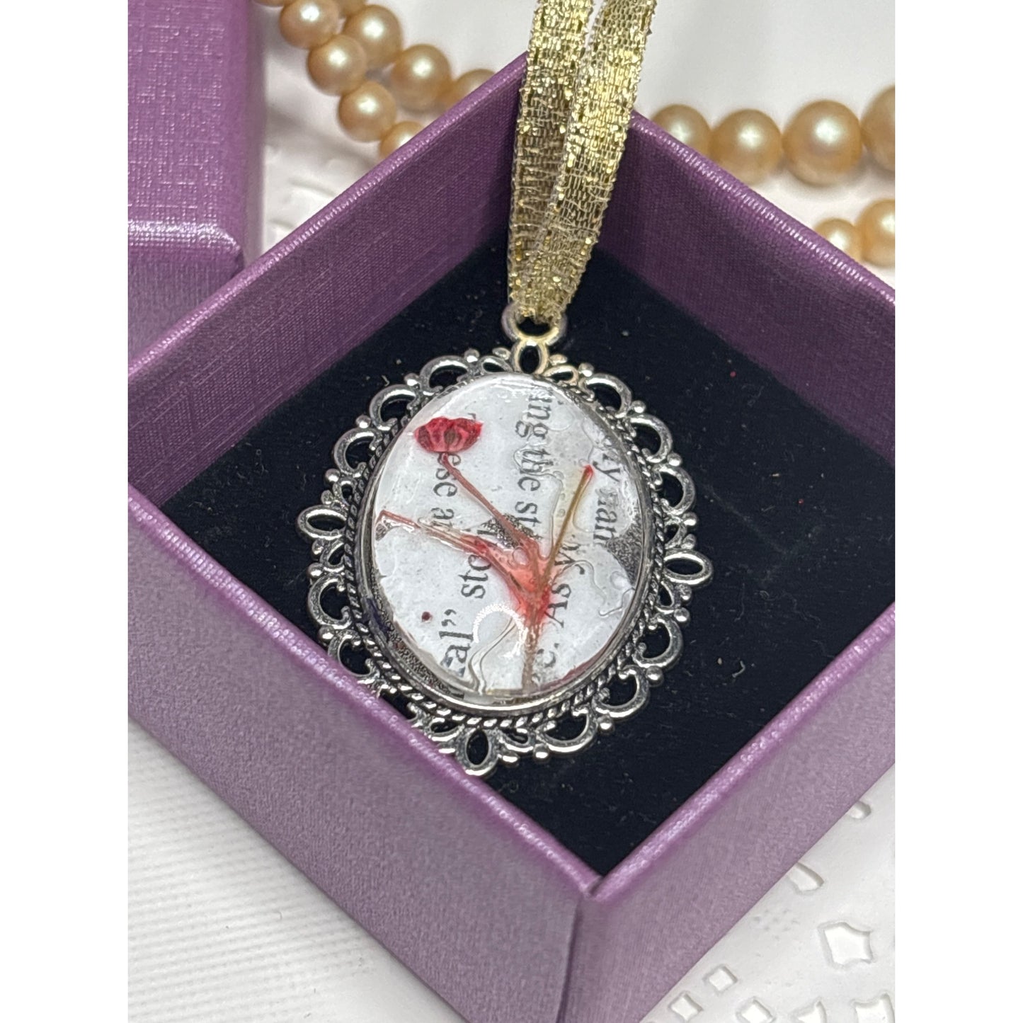 Handcrafted Pressed Flower Pendant Made from Saved Book Pages Dried Flowers