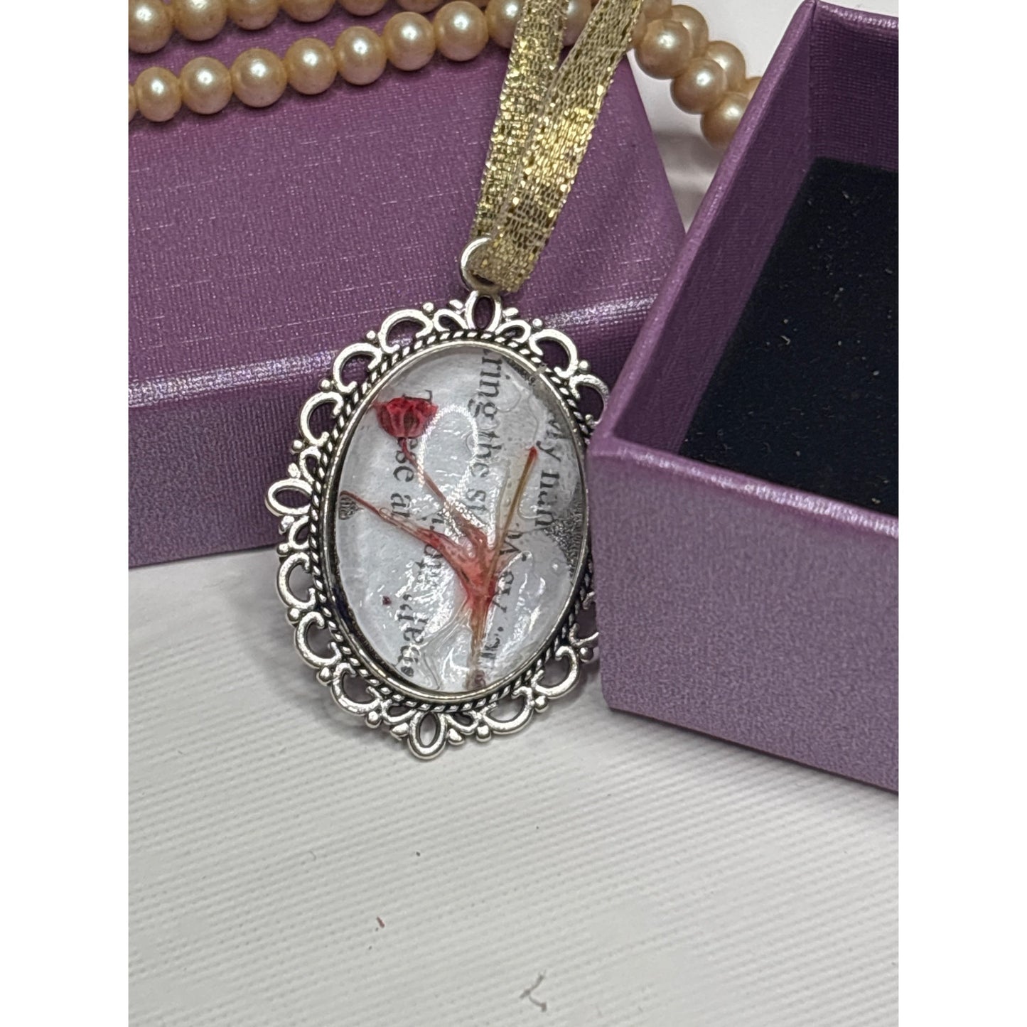 Handcrafted Pressed Flower Pendant Made from Saved Book Pages Dried Flowers