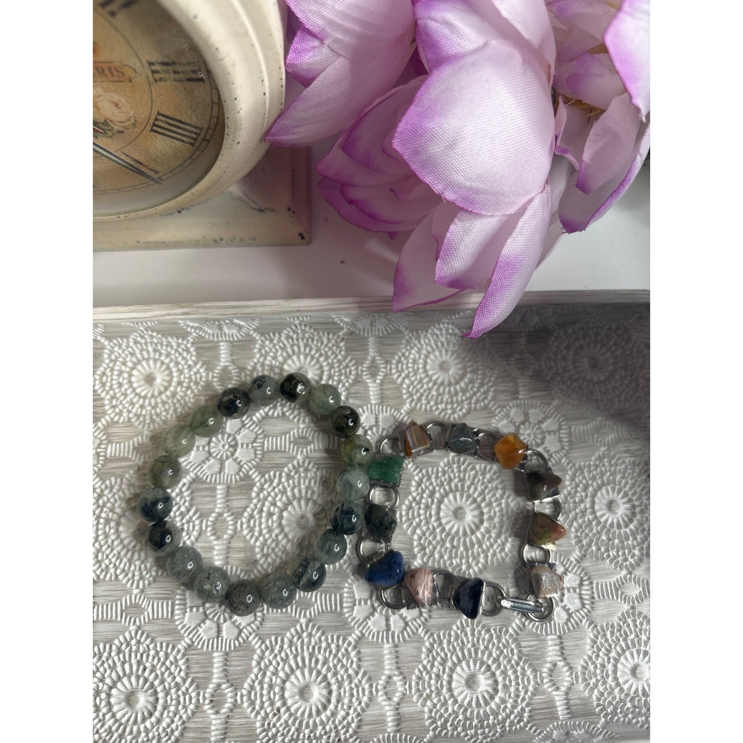 Natural Stone Beaded Bracelets Set Of 2 With Mixed Materials