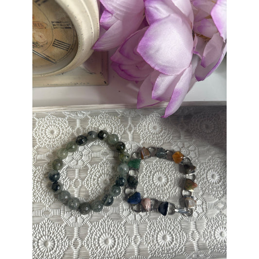 Natural Stone Beaded Bracelets Set Of 2 With Mixed Materials
