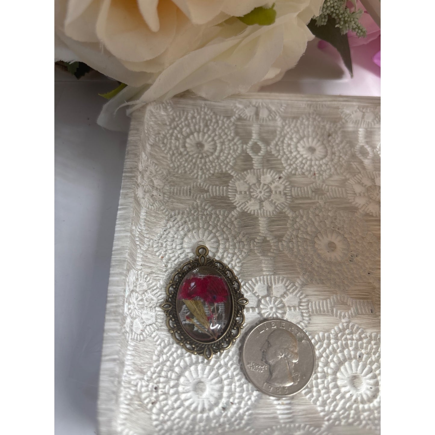 Handmade Oval Bronze Pendant Real Dried Flowers & Vintage Lace