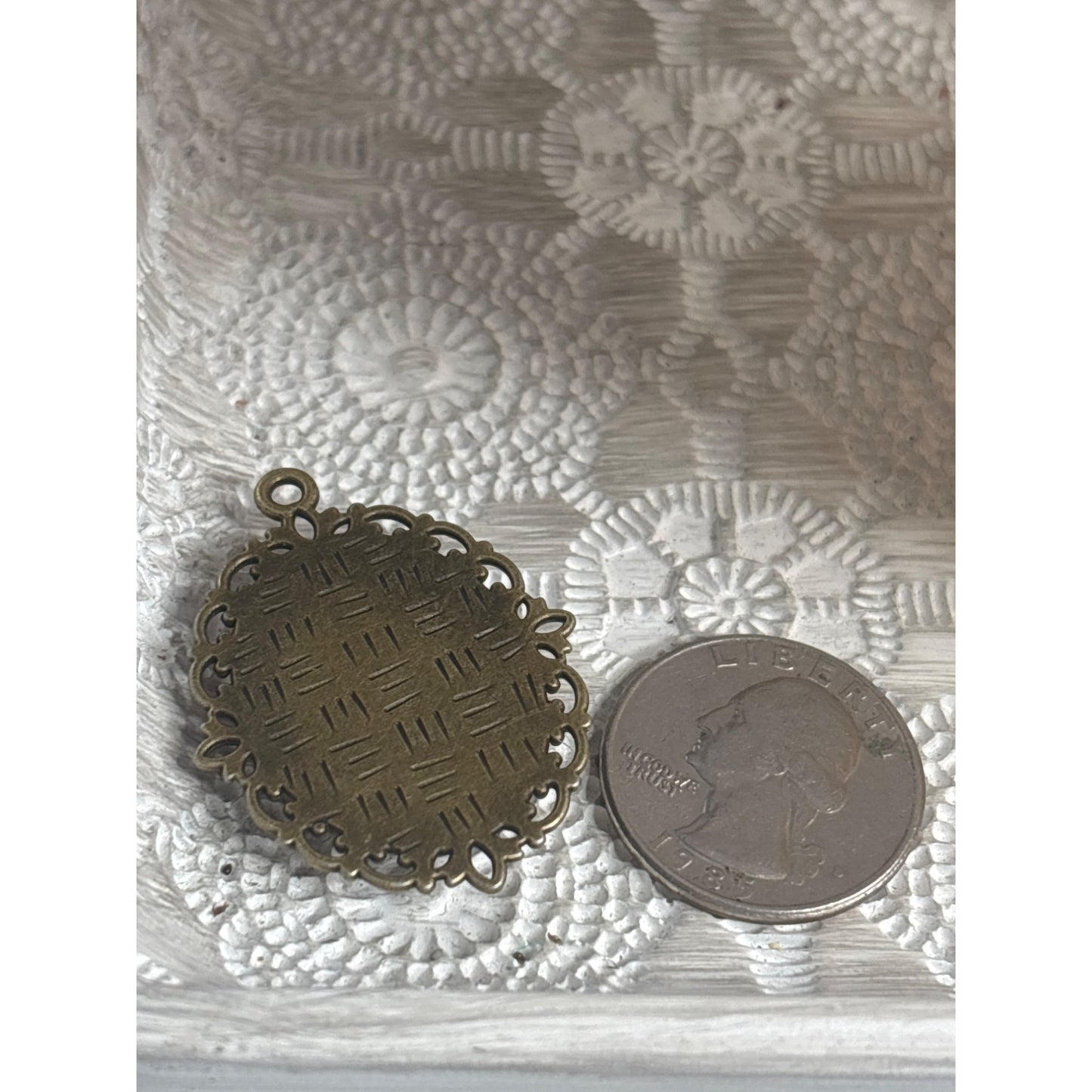 Handmade Oval Bronze Pendant Real Dried Flowers & Vintage Lace