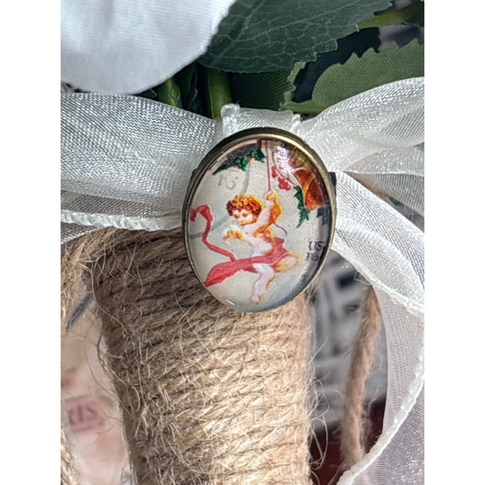 Handcrafted Mourning Brooch Cherub Vintage Postage Stamp Memorial Jewelry Bouquet Charm