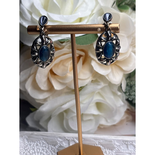 Avon Silver-Tone Oval Earrings With Blue Stone & Floral Design Vintage Jewelry