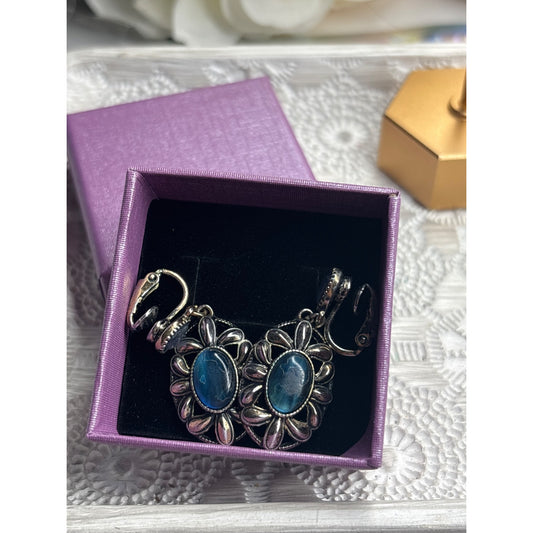 Avon Silver-Tone Oval Earrings With Blue Stone & Floral Design Vintage Jewelry