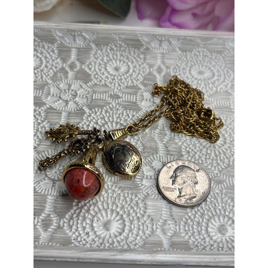 Vintage Gold-Tone Locket & Coral-Style Pendant Necklace With Ornate Charms