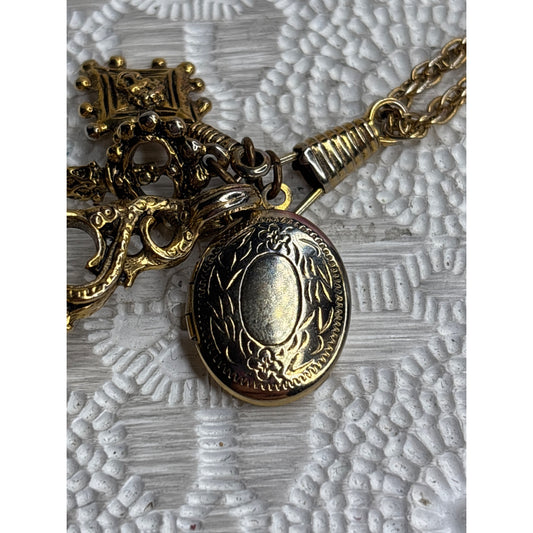 Vintage Gold-Tone Locket & Coral-Style Pendant Necklace With Ornate Charms