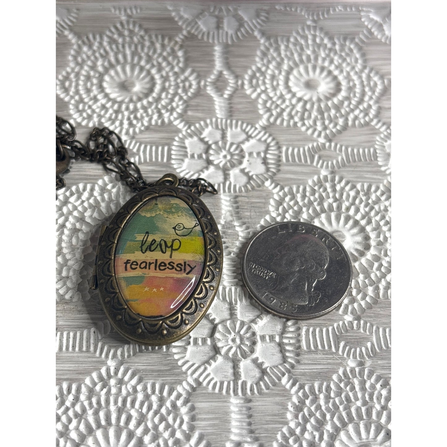 Antique Photo Keepsake: Bronze Locket Necklace With "Leap Fearlessly" Quote & Chain