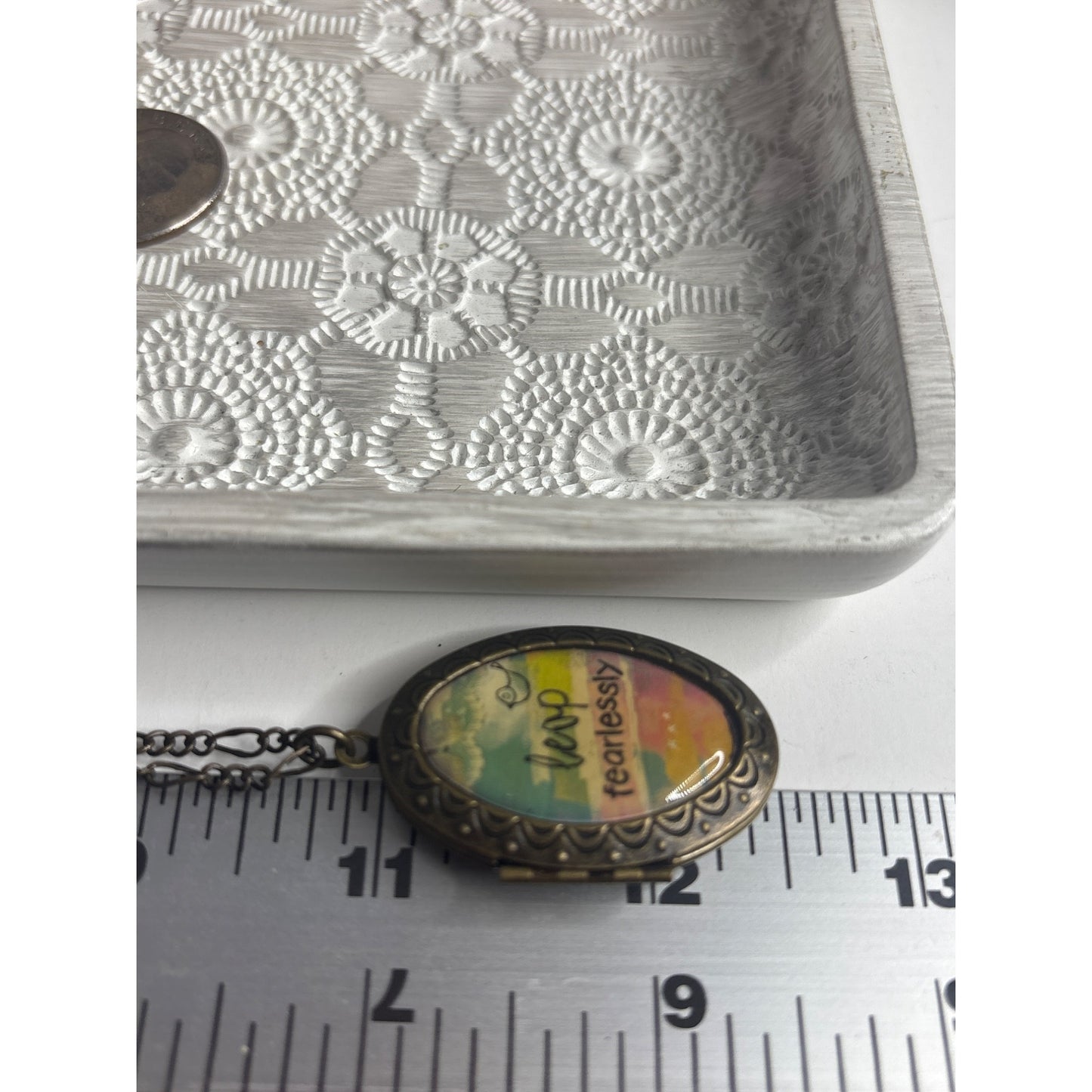 Antique Photo Keepsake: Bronze Locket Necklace With "Leap Fearlessly" Quote & Chain