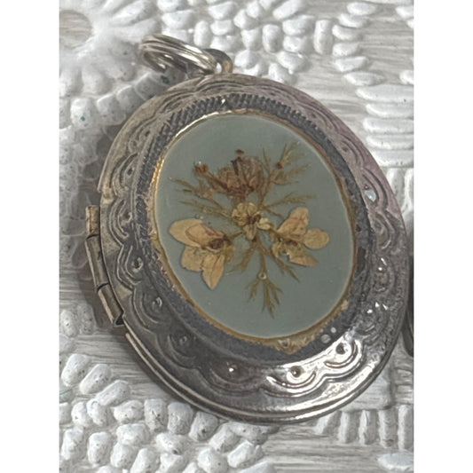 Vintage Silver Botanical Pressed Flower Locket Pendant Oval Ornate Design