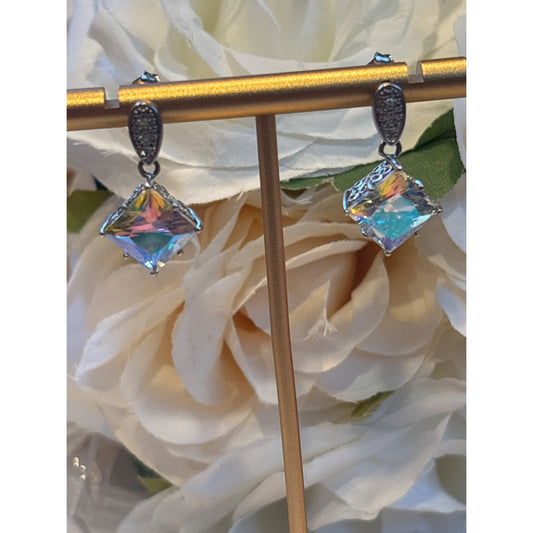 Aurora Borealis 925 Sterling Silver Drop Earrings Intricate Filigree Design Square Gemstones