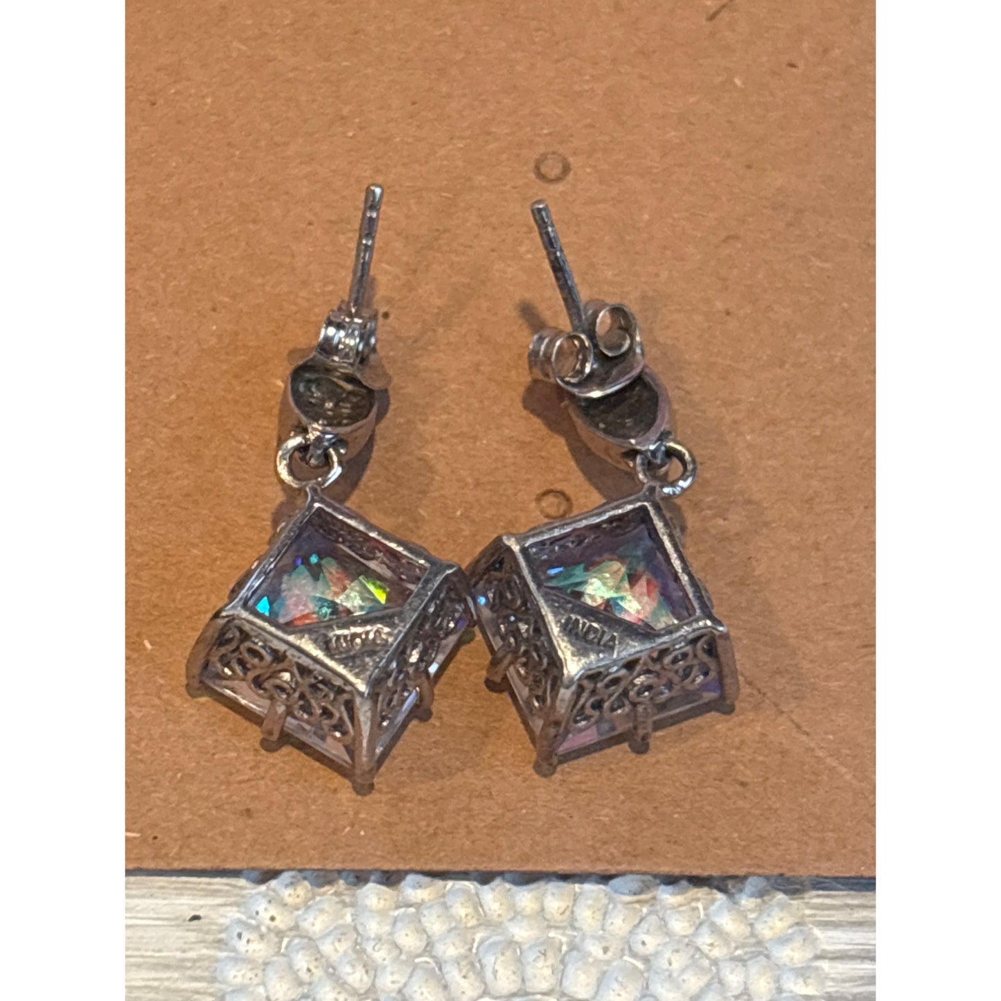 Aurora Borealis 925 Sterling Silver Drop Earrings Intricate Filigree Design Square Gemstones