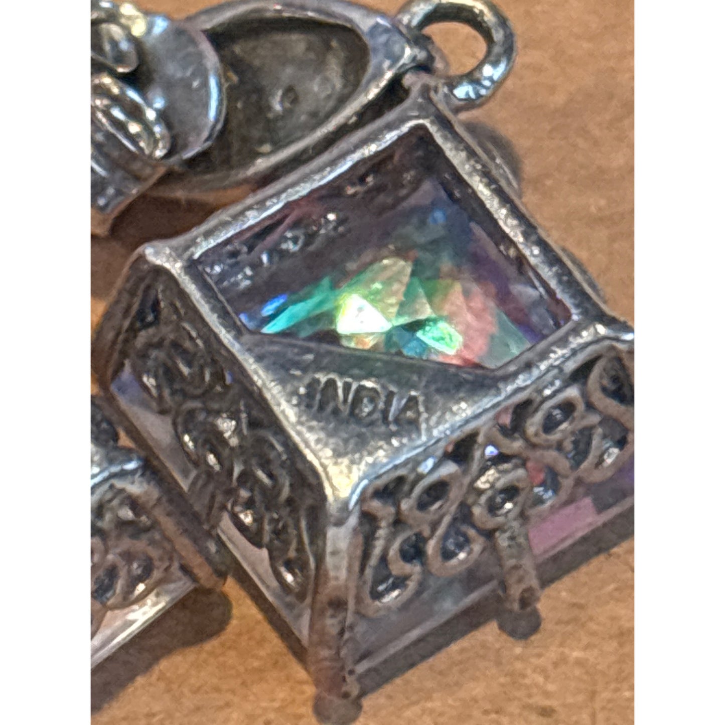 Aurora Borealis 925 Sterling Silver Drop Earrings Intricate Filigree Design Square Gemstones