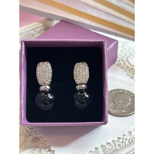 Sterling Silver 925 Black Onyx Drop Earrings With Pave Crystal Accents Vintage-Inspired Design