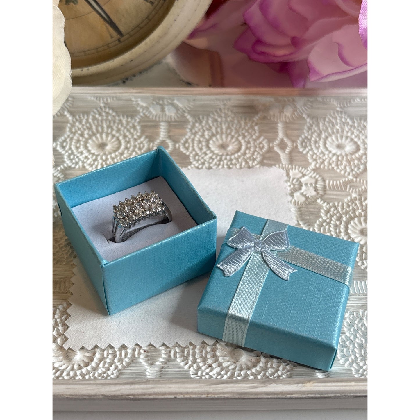 Vintage Silver Tone Multi-Row Rectangle Rhinestone Ring With Gift Box