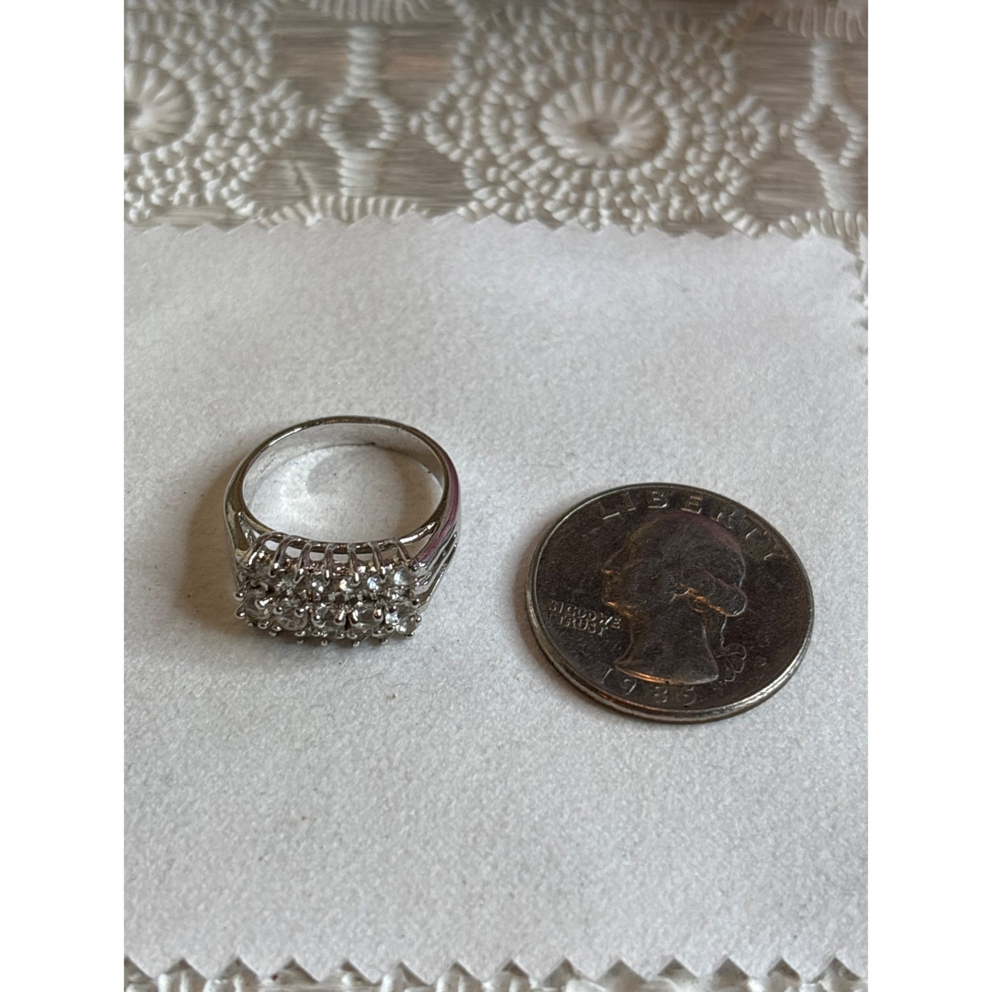 Vintage Silver Tone Multi-Row Rectangle Rhinestone Ring With Gift Box