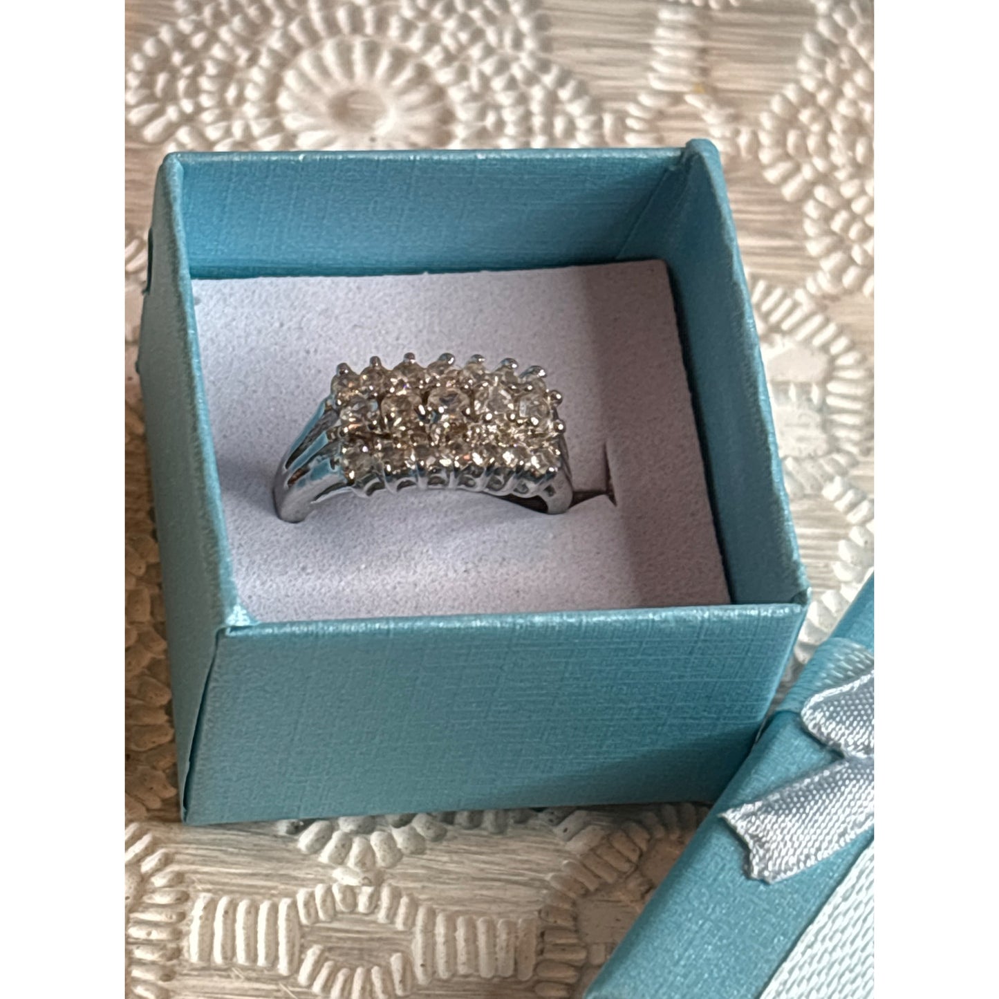 Vintage Silver Tone Multi-Row Rectangle Rhinestone Ring With Gift Box