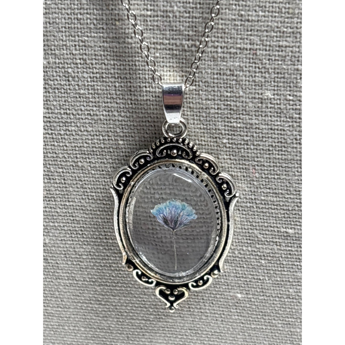 Blue Pressed Flower Necklace — 18x25mm Silver Pendant | Real Flower Jewelry • Meaningful Gift • Botanical Keepsake