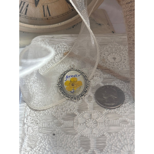 Handcrafted Oval Pendant With Dried Yellow Flower & "Forever" Handwritten