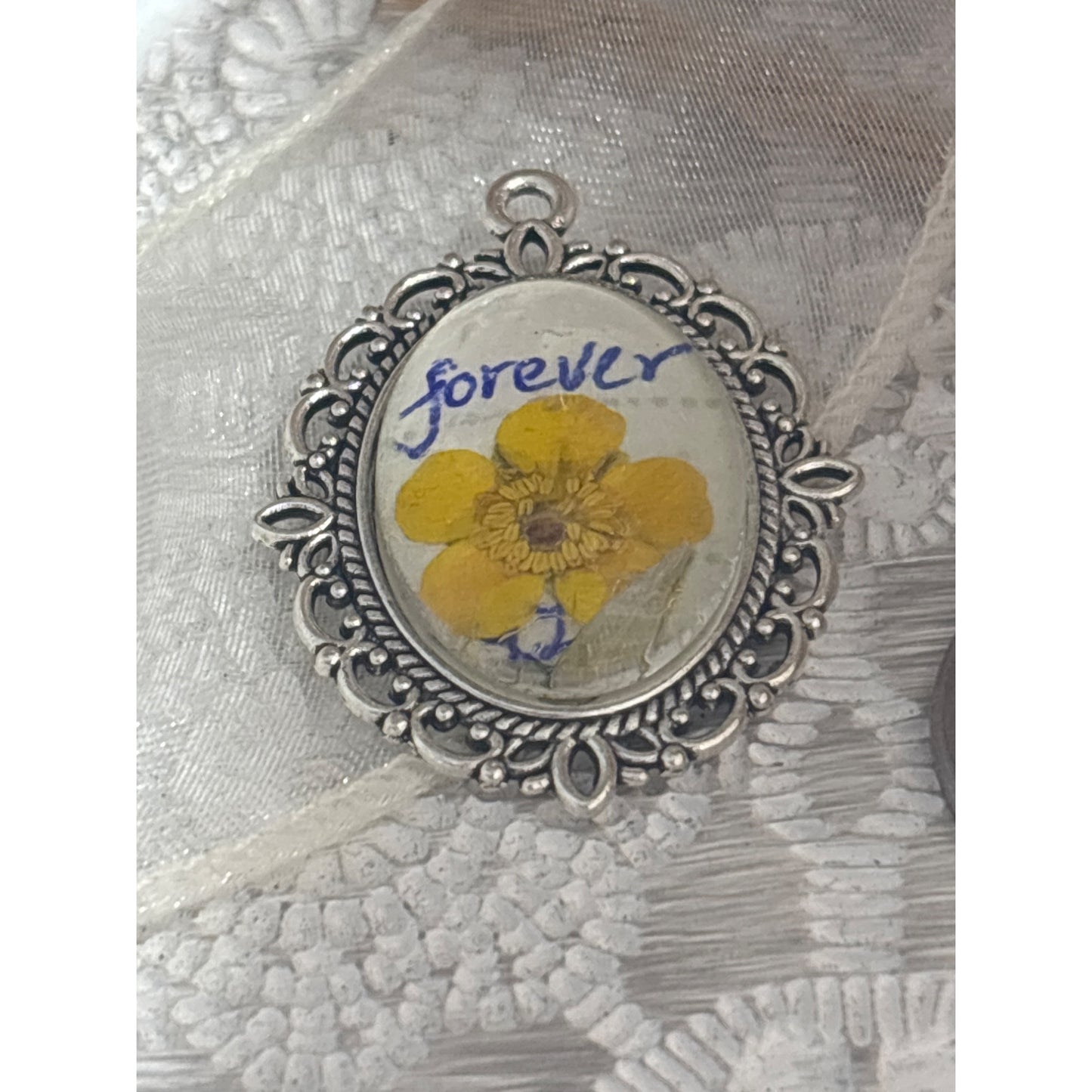 Handcrafted Oval Pendant With Dried Yellow Flower & "Forever" Handwritten