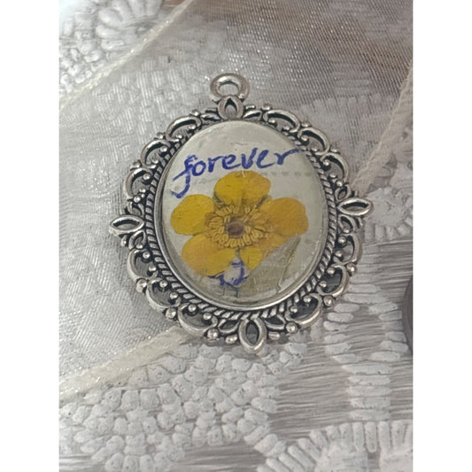 Handcrafted Oval Pendant With Dried Yellow Flower & "Forever" Handwritten