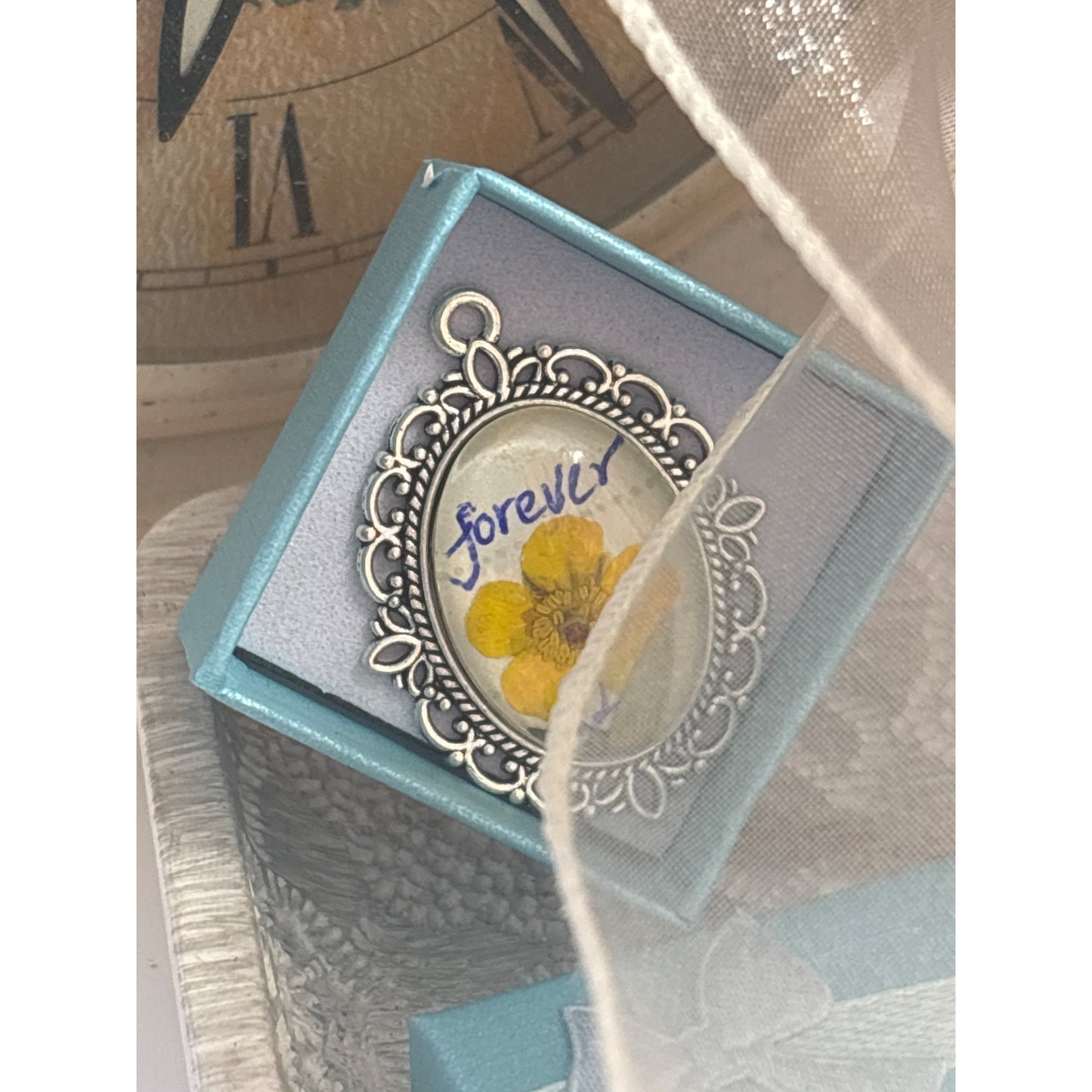 Handcrafted Oval Pendant With Dried Yellow Flower & "Forever" Handwritten