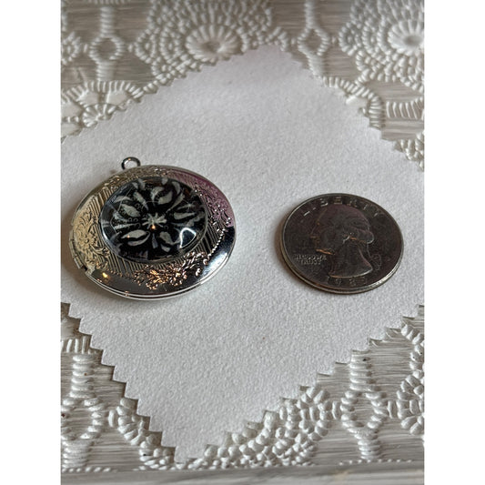 Vintage Silver Black Floral Locket Ornate  Unique Keepsake Original Art