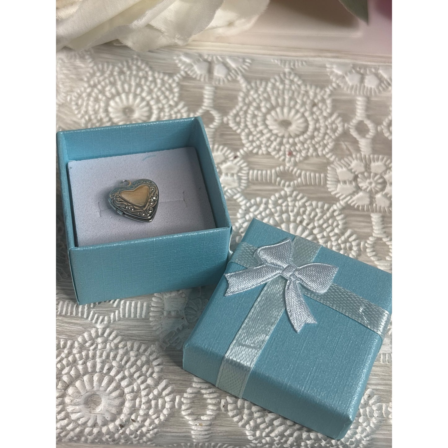 Heart-Shaped Silver-Tone Locket Pendant With Scroll Pattern Border Hinged Opening Small Size Gift Box Included