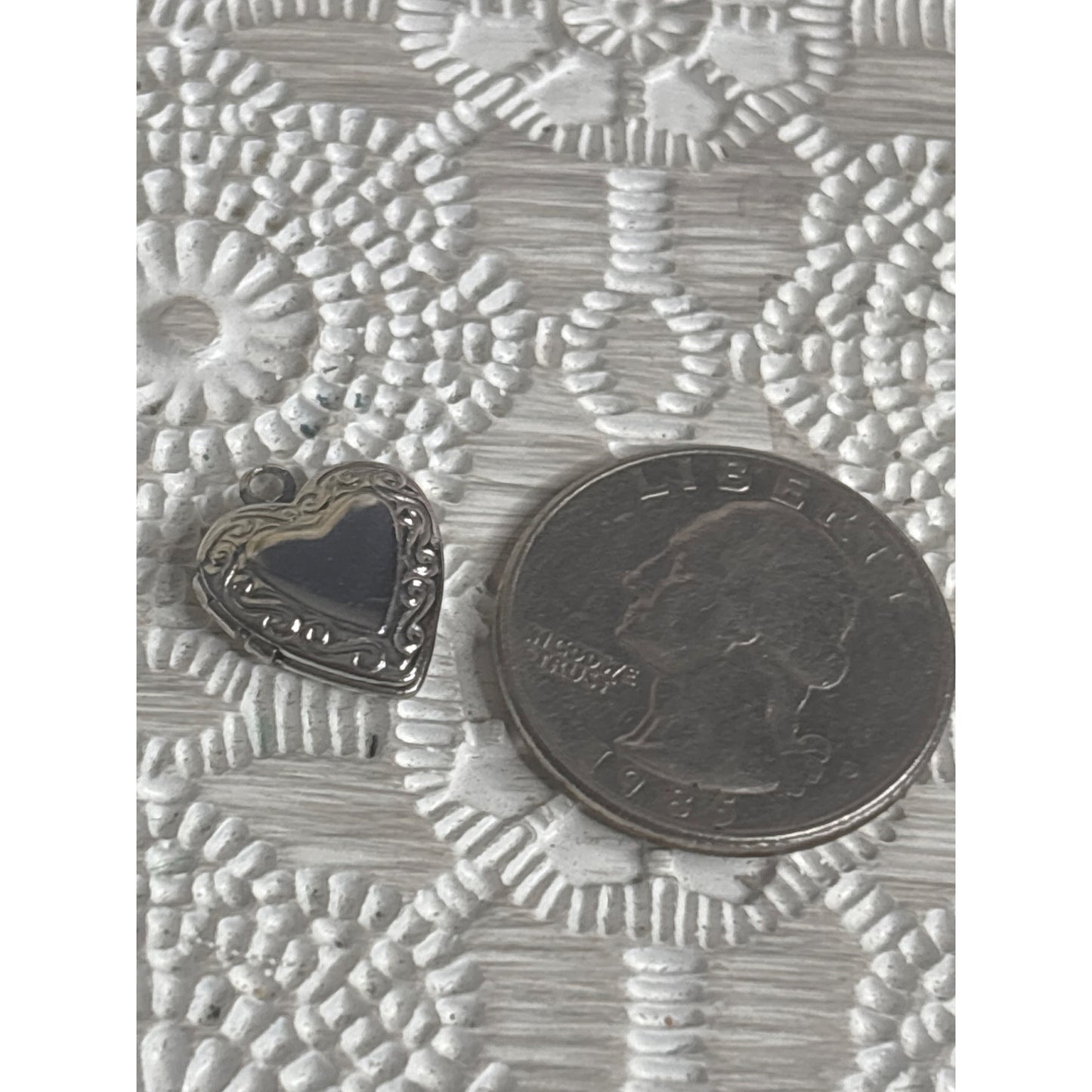 Heart-Shaped Silver-Tone Locket Pendant With Scroll Pattern Border Hinged Opening Small Size Gift Box Included