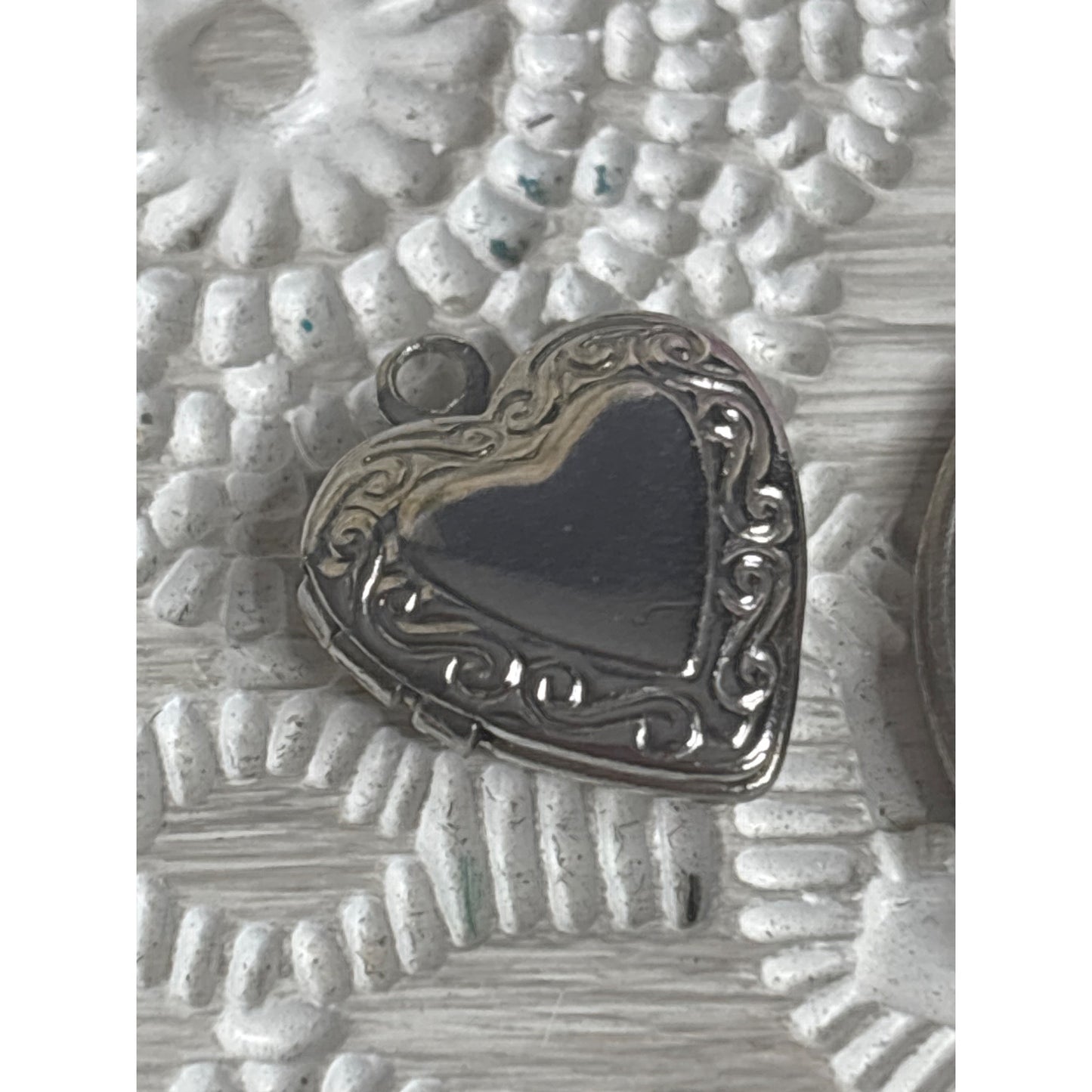 Heart-Shaped Silver-Tone Locket Pendant With Scroll Pattern Border Hinged Opening Small Size Gift Box Included