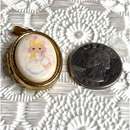 Precious Moments: Gold-Plated Oval Locket Painted Angel Cloud Halo Prayer