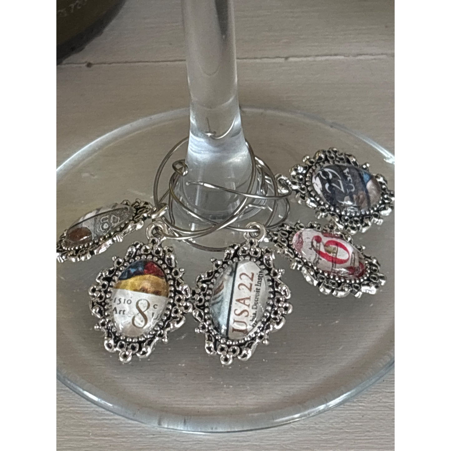 Vintage Postage Stamp Wine Charms – Set of 5 | Unique Wine Lover Gift | Upcycled Gift| Handcrafted from Real Vintage Stamps