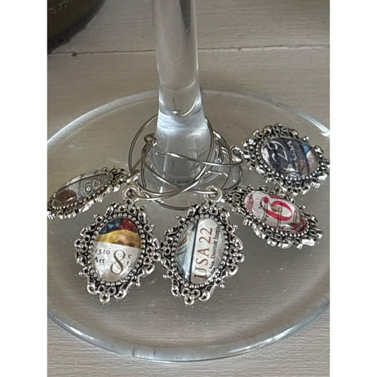Vintage Postage Stamp Wine Charms – Set of 5 | Unique Wine Lover Gift | Upcycled Gift| Handcrafted from Real Vintage Stamps