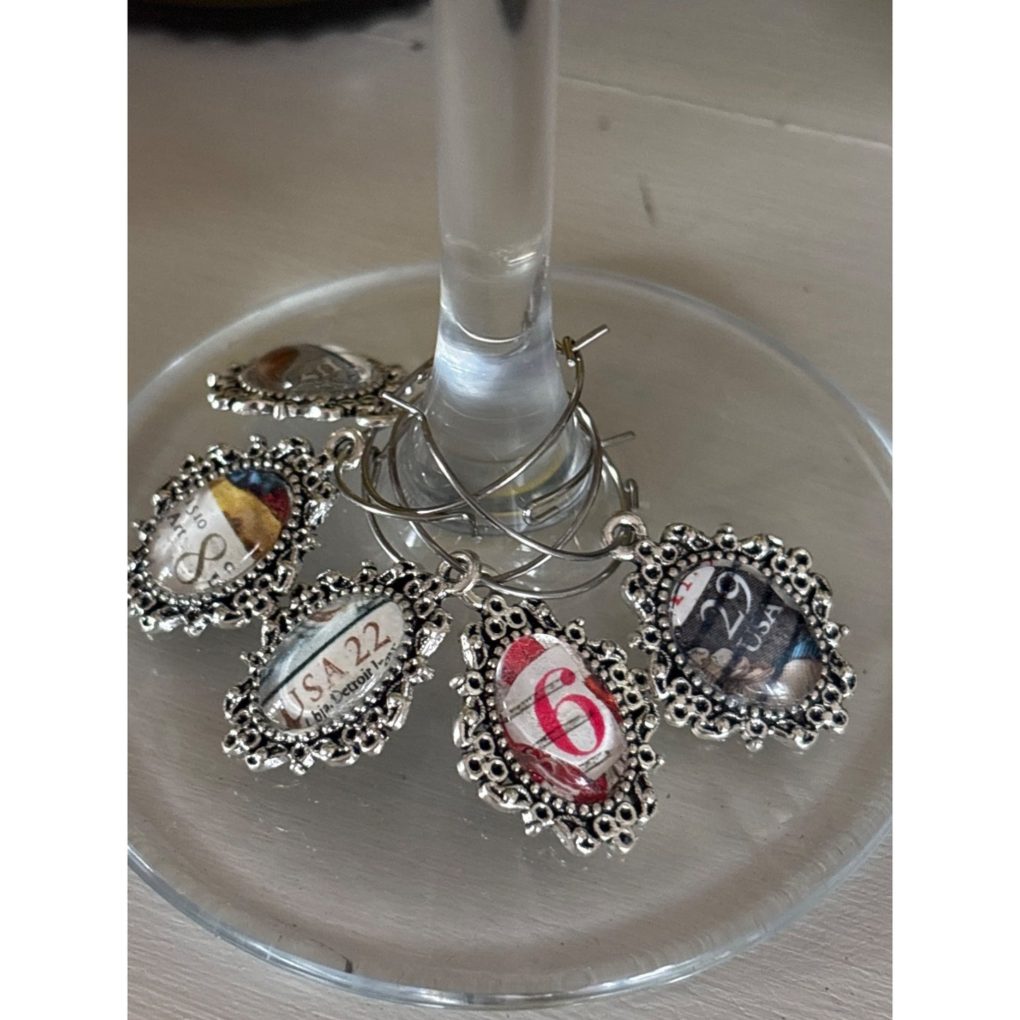 Vintage Postage Stamp Wine Charms – Set of 5 | Unique Wine Lover Gift | Upcycled Gift| Handcrafted from Real Vintage Stamps